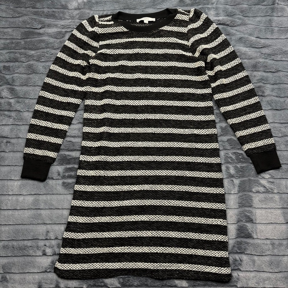 LOFT Womens Black White Striped Long Sleeve Sweater Dress Size M Textured Knit